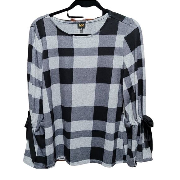 Lee Tops - Black white Buffalo plaid with bow sleeve